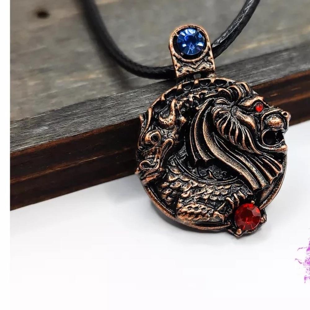 Dragon & Lion Pendant Necklace with Blue and Red Accents